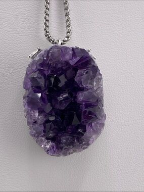 Deep Purple Amethyst Geode Druzy Necklace – Raw Crystal Statement Pendant
